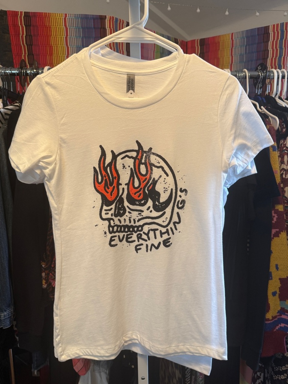 Next Level Apparel White Tee with Orange Flame Skull Graphic